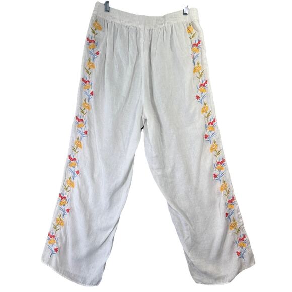 Calypso St. Barth White Linen Pants Straight Leg Embroidered Flowers L Beach - Picture 4 of 7